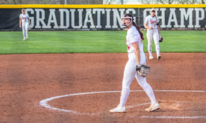 Miami's Addy Jarvis celebrates after a strike out during a regular season home contest.