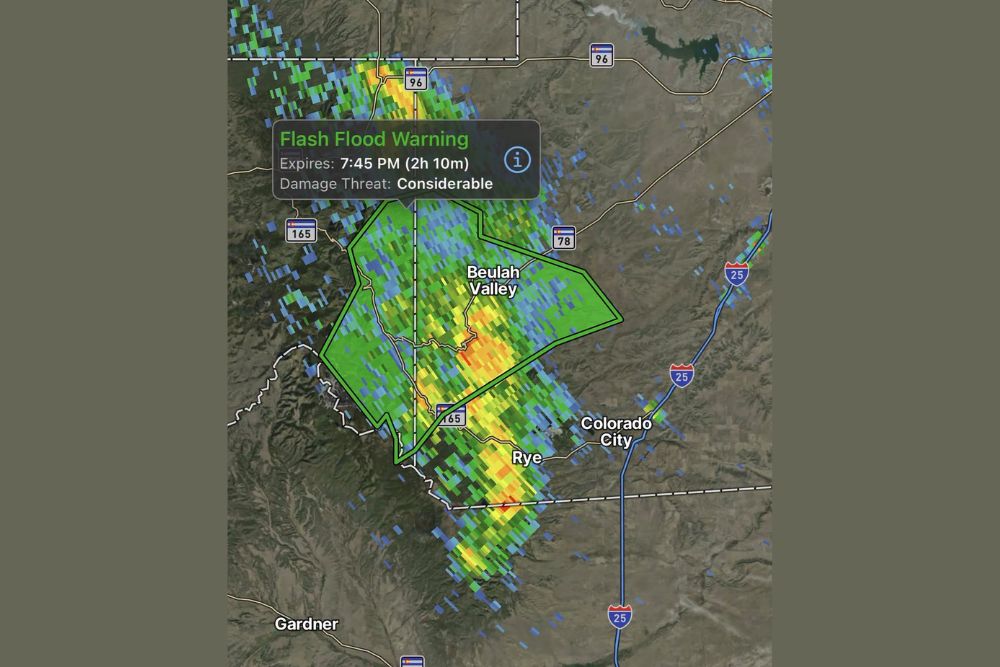 Flash Flood Warning Issued for the Aspen Acres Burn Scar as Heavy Rain Targets Beulah Valley With a Considerable Damage Threat