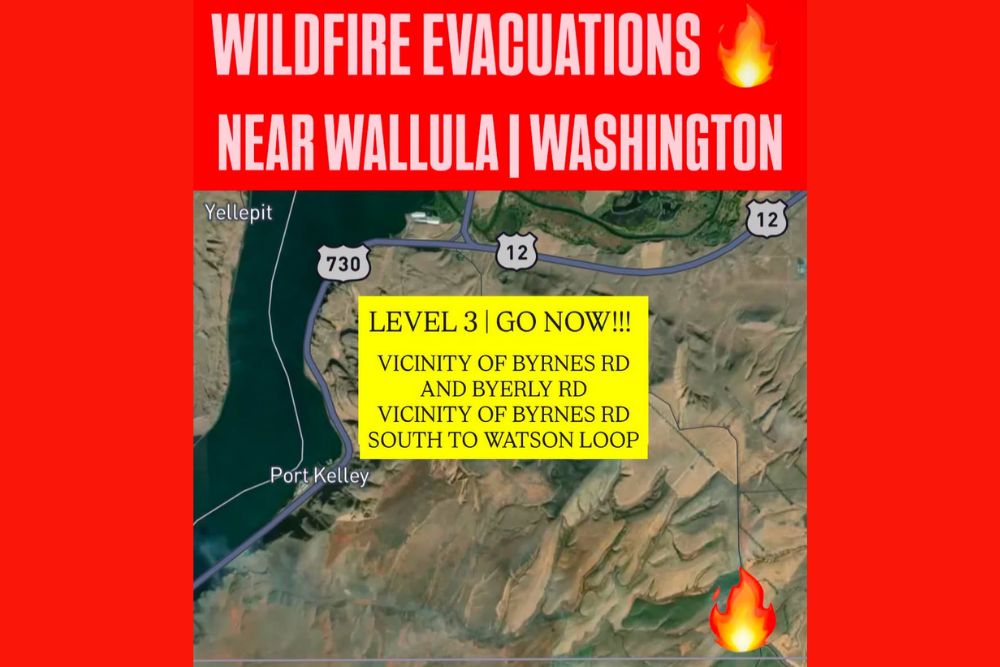 New Level 3 GO NOW Evacuations Ordered in Walla Walla County as Wind-Driven Hatch Grade Fire Spreads Near Wallula, Washington
