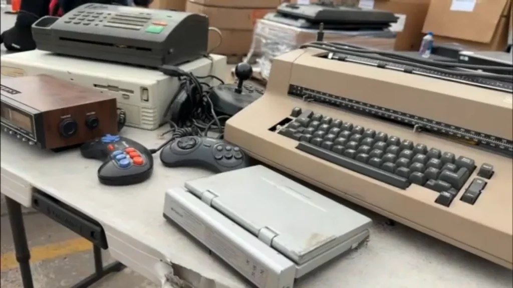 Stacks of old electronics collected at a Houston recycling drive
