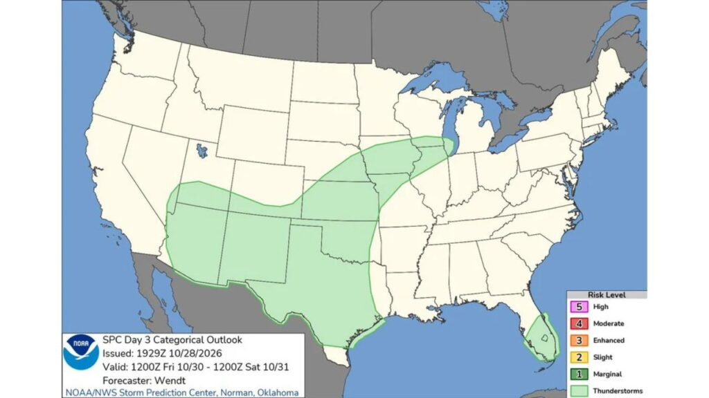 Arizona, New Mexico, Texas, Oklahoma, Kansas and Iowa Could See Thunderstorms Friday Into Halloween Morning, but No Severe Weather Risk Is Expected