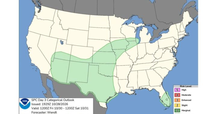 Arizona, New Mexico, Texas, Oklahoma, Kansas and Iowa Could See Thunderstorms Friday Into Halloween Morning, but No Severe Weather Risk Is Expected