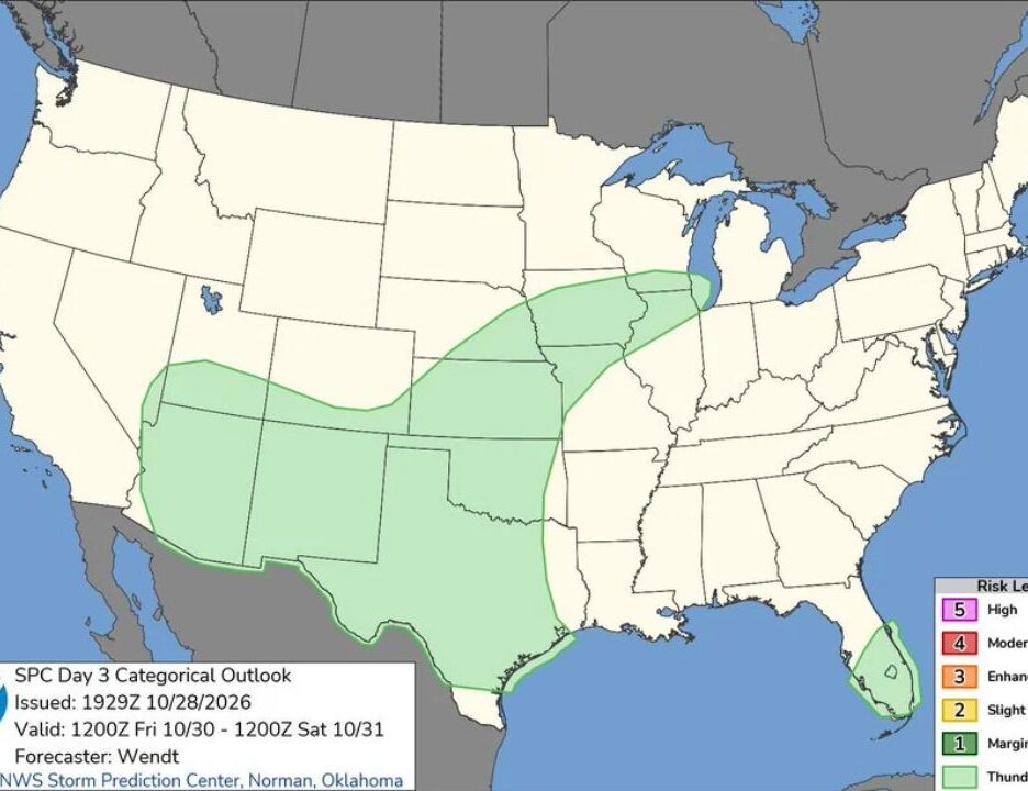 Arizona, New Mexico, Texas, Oklahoma, Kansas and Iowa Could See Thunderstorms Friday Into Halloween Morning, but No Severe Weather Risk Is Expected