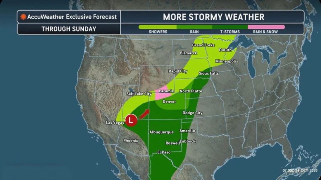 Flash-Flooding Storm Over the Rockies Swings Into the Plains Through Sunday, Bringing Thunderstorms to Texas and the Season’s First Snow Near Laramie
