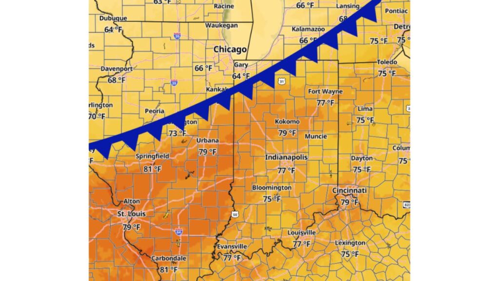 Illinois, Indiana and Ohio Warm Into the Upper 70s and Low 80s Thursday as Springfield and Carbondale Hit 81 Ahead of a Cold Front and Broken Line of Showers