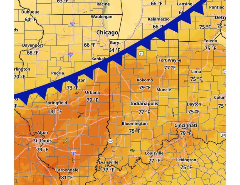 Illinois, Indiana and Ohio Warm Into the Upper 70s and Low 80s Thursday as Springfield and Carbondale Hit 81 Ahead of a Cold Front and Broken Line of Showers