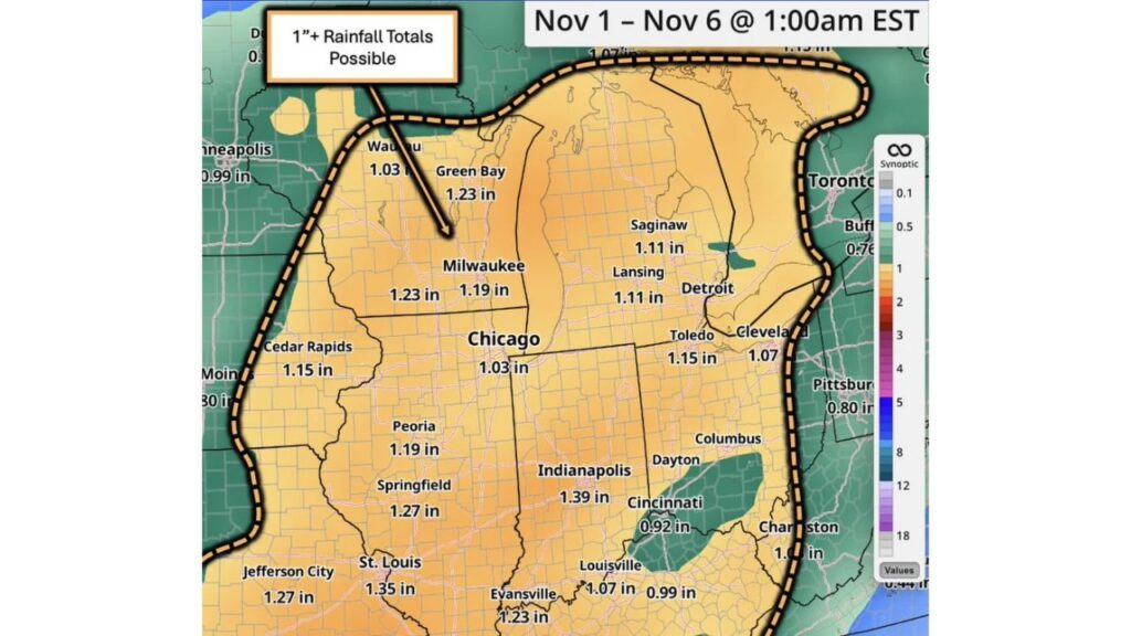 Indianapolis Could Soak Up Nearly 1.4 Inches as Wave After Wave of Rain Targets the Ohio Valley and Great Lakes During the First Week of November