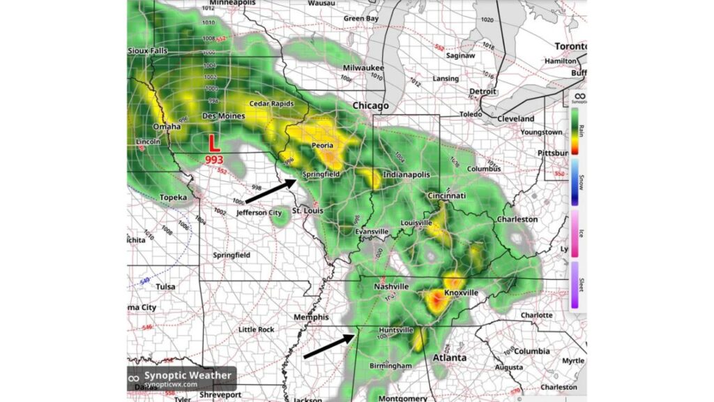 Iowa, Illinois, Indiana, Kentucky and Tennessee in Line for Widespread Rain Tuesday, November 3, as 993 mb Low Tracks From the Plains Into the Midwest