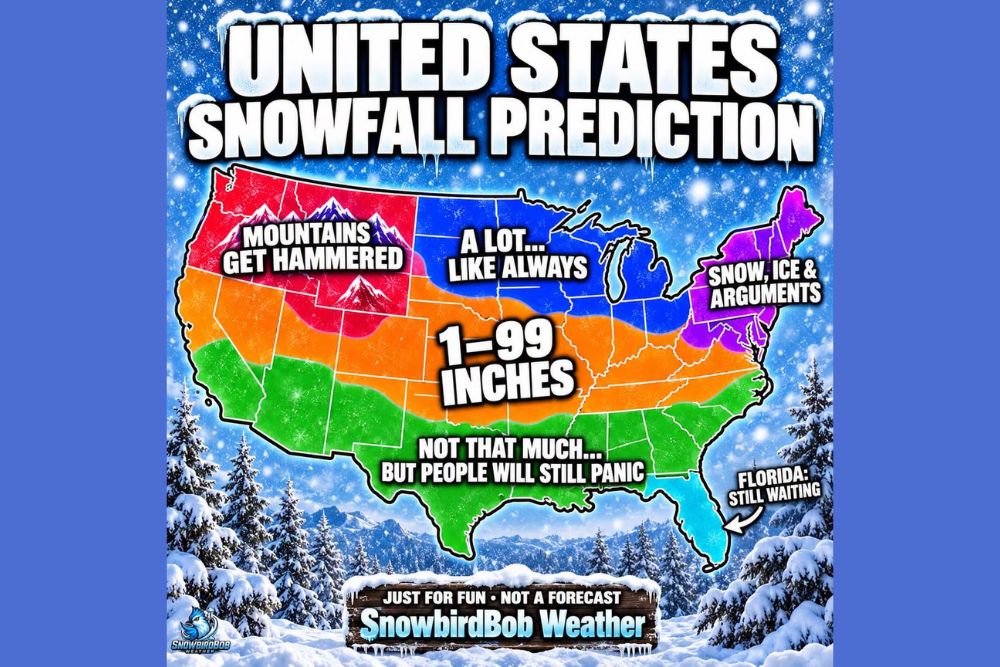 Just-for-Fun Winter 2026-2027 Snowfall Prediction Map Has the Internet Laughing, From "Mountains Get Hammered" to "Florida Still Waiting"