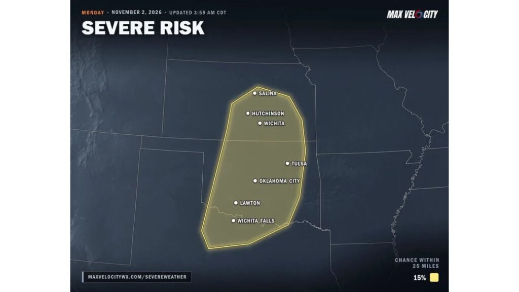 Kansas, Oklahoma and North Texas Face Severe Storms Monday Afternoon, November 2, With Damaging Winds, Large Hail and a Couple of Tornadoes Possible From Wichita to Oklahoma City and Tulsa