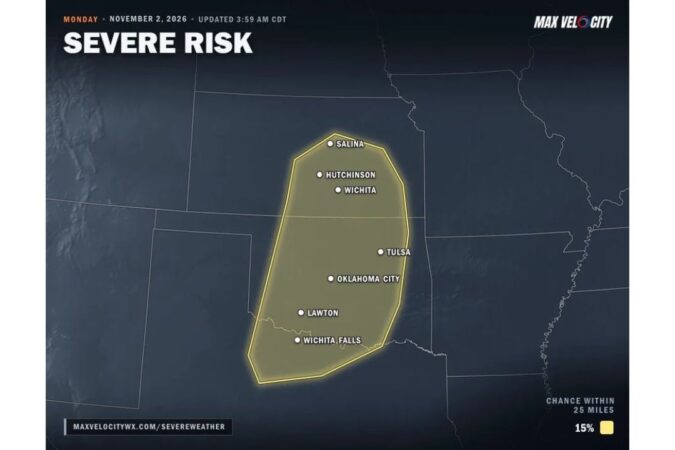 Kansas, Oklahoma and North Texas Face Severe Storms Monday Afternoon, November 2, With Damaging Winds, Large Hail and a Couple of Tornadoes Possible From Wichita to Oklahoma City and Tulsa