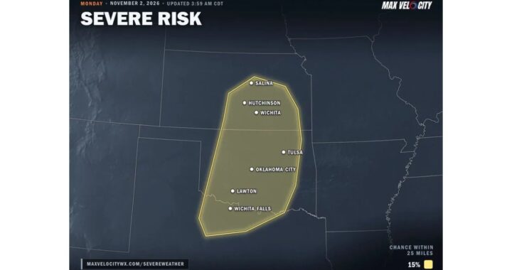 Kansas, Oklahoma and North Texas Face Severe Storms Monday Afternoon, November 2, With Damaging Winds, Large Hail and a Couple of Tornadoes Possible From Wichita to Oklahoma City and Tulsa