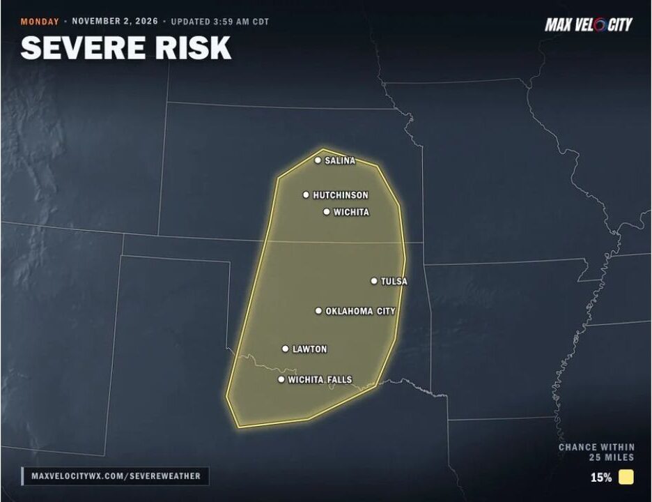 Kansas, Oklahoma and North Texas Face Severe Storms Monday Afternoon, November 2, With Damaging Winds, Large Hail and a Couple of Tornadoes Possible From Wichita to Oklahoma City and Tulsa