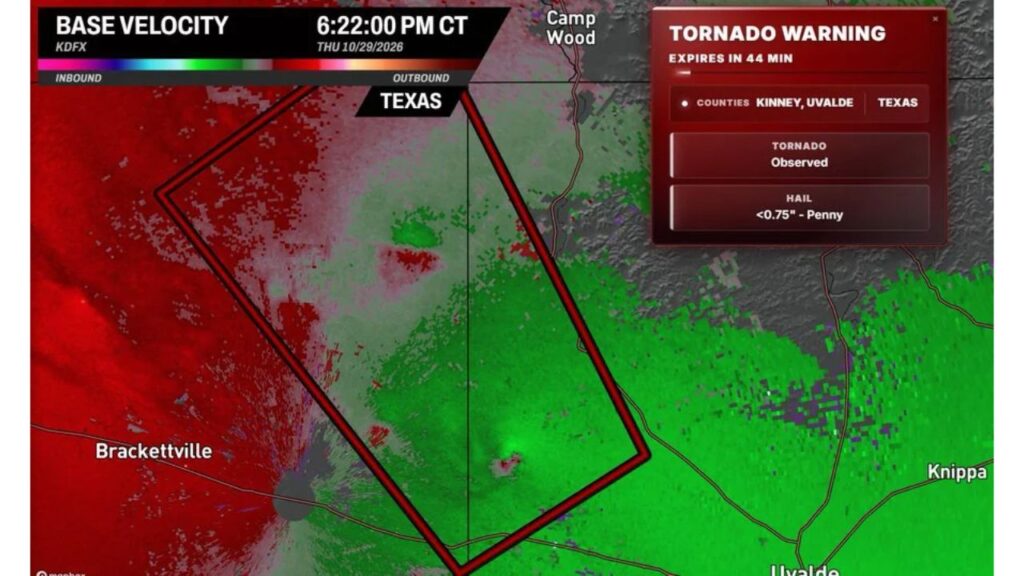 Kinney and Uvalde Counties in Texas Placed Under Observed Tornado Warning Thursday Evening as Rotating Storm Tracked Northwest of Uvalde