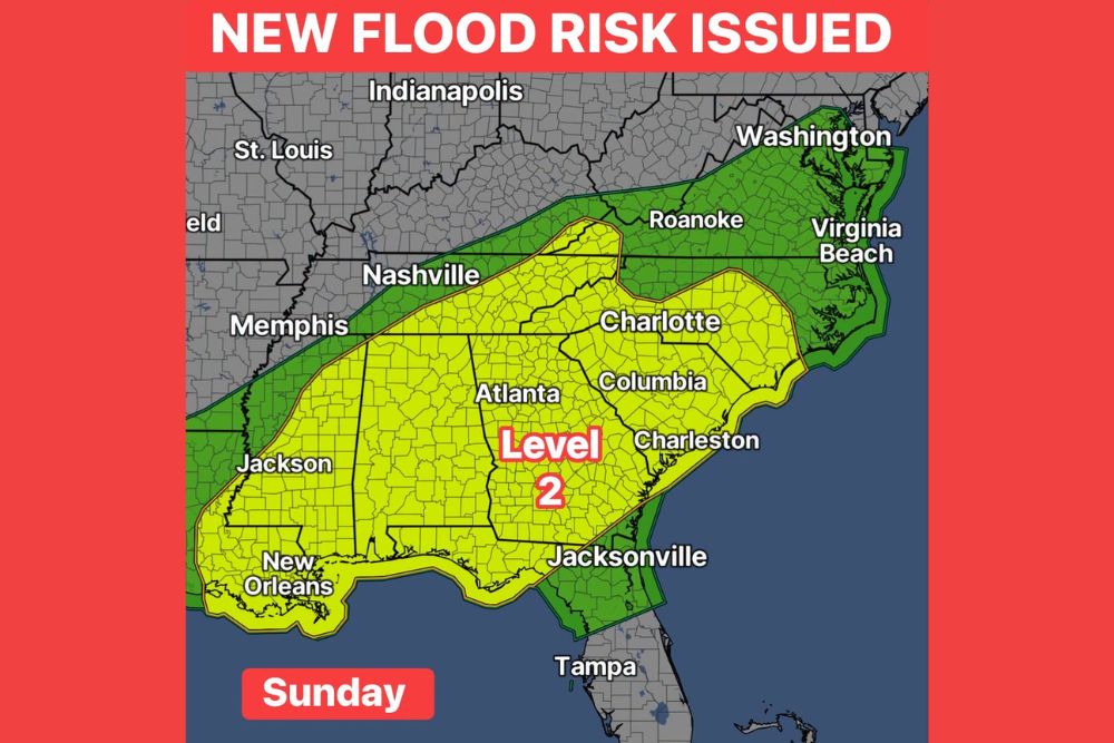 Level 2 Flood Risk Issued Across the Southeast for Sunday as a Weekend Soaker Threatens 2 to 4 Inches of Rain and Isolated Flash Flooding
