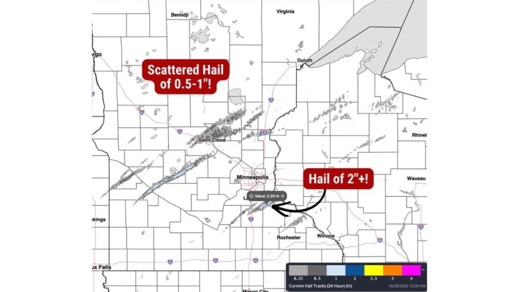 Minnesota and Wisconsin Pelted by Hail Up to 2.24 Inches as Powerful Storms Carve Long Hail Tracks Near Minneapolis and St. Cloud Before Winding Down