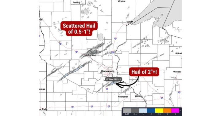Minnesota and Wisconsin Pelted by Hail Up to 2.24 Inches as Powerful Storms Carve Long Hail Tracks Near Minneapolis and St. Cloud Before Winding Down