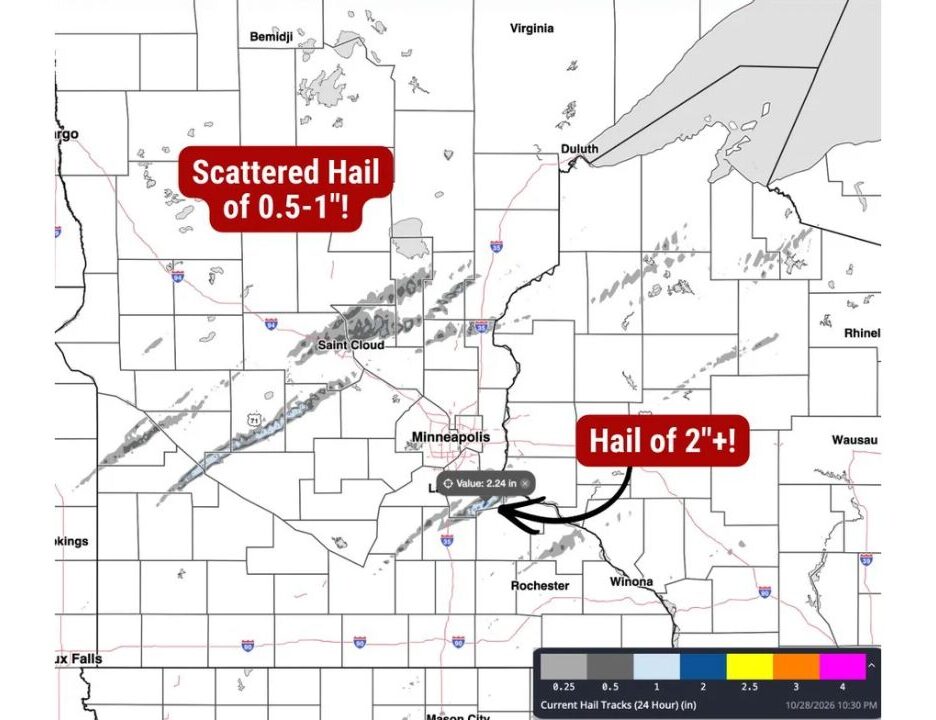 Minnesota and Wisconsin Pelted by Hail Up to 2.24 Inches as Powerful Storms Carve Long Hail Tracks Near Minneapolis and St. Cloud Before Winding Down