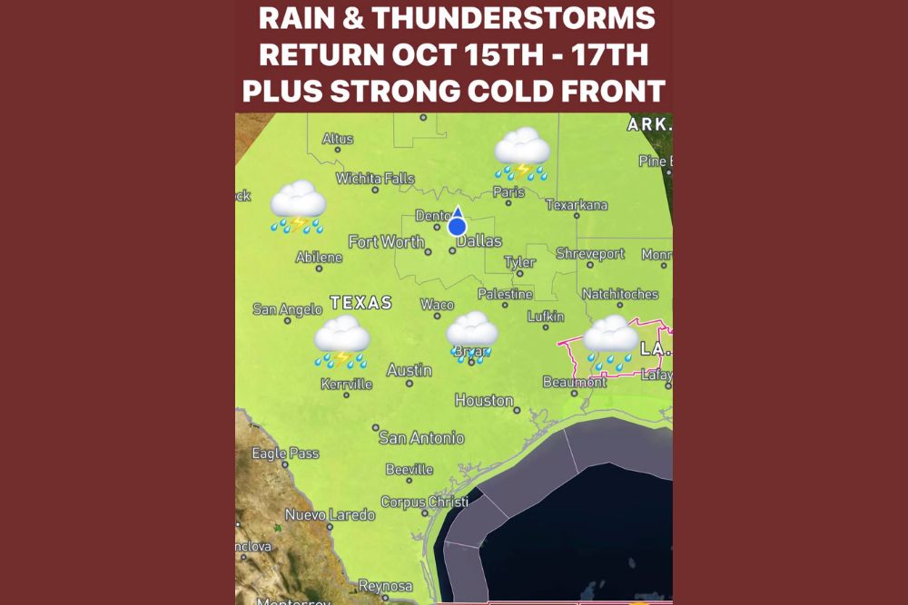 Rain, Thunderstorms, and a Strong Cold Front Expected Across Texas October 15 Through 17, Bringing 1 to 2 Inches of Rain and Highs in the 60s