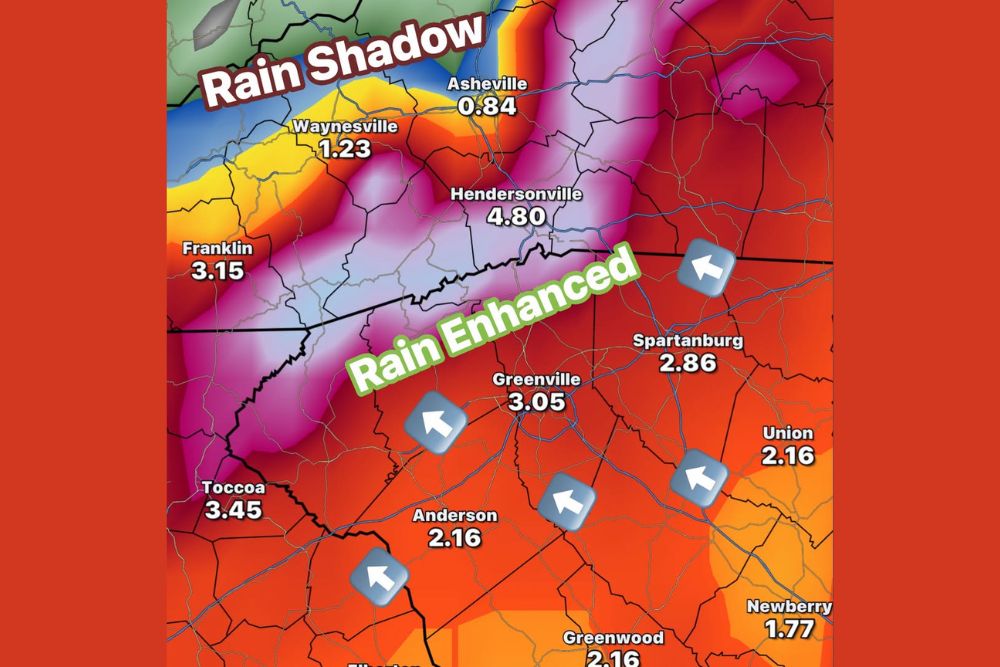 Same Storm, Big Difference in Rainfall as Mountains Squeeze Out 4 to 8 Inches on Upslope Sides While Asheville Sits in a Rain Shadow