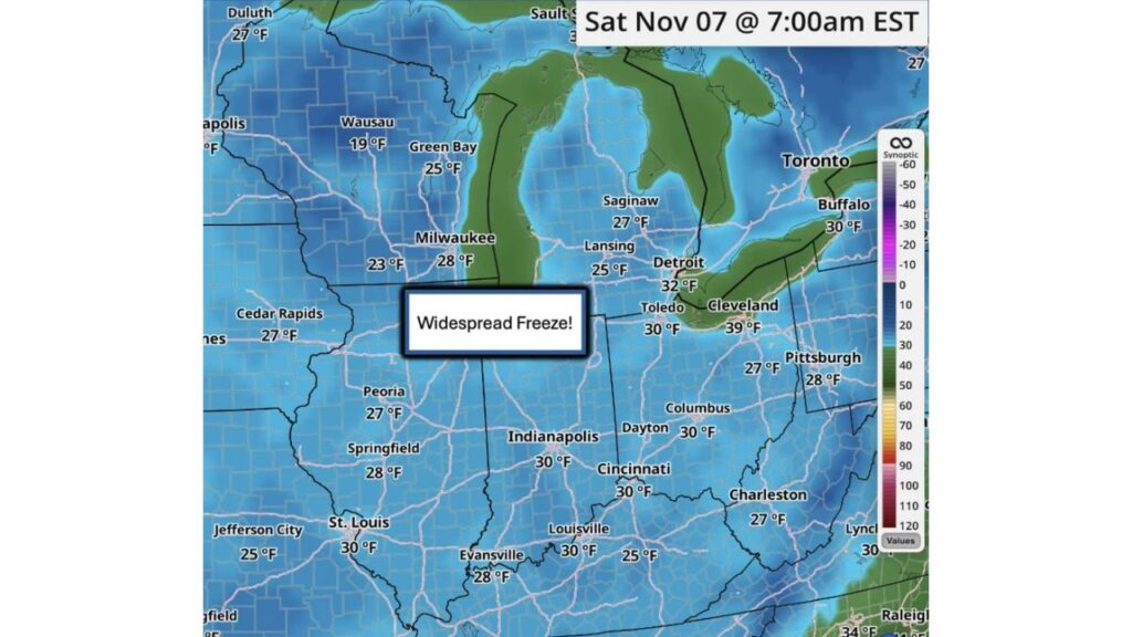 Wausau Could Plunge to 19 Degrees as First Widespread Hard Freeze Takes Aim at the Great Lakes and Ohio Valley on the Morning of November 7