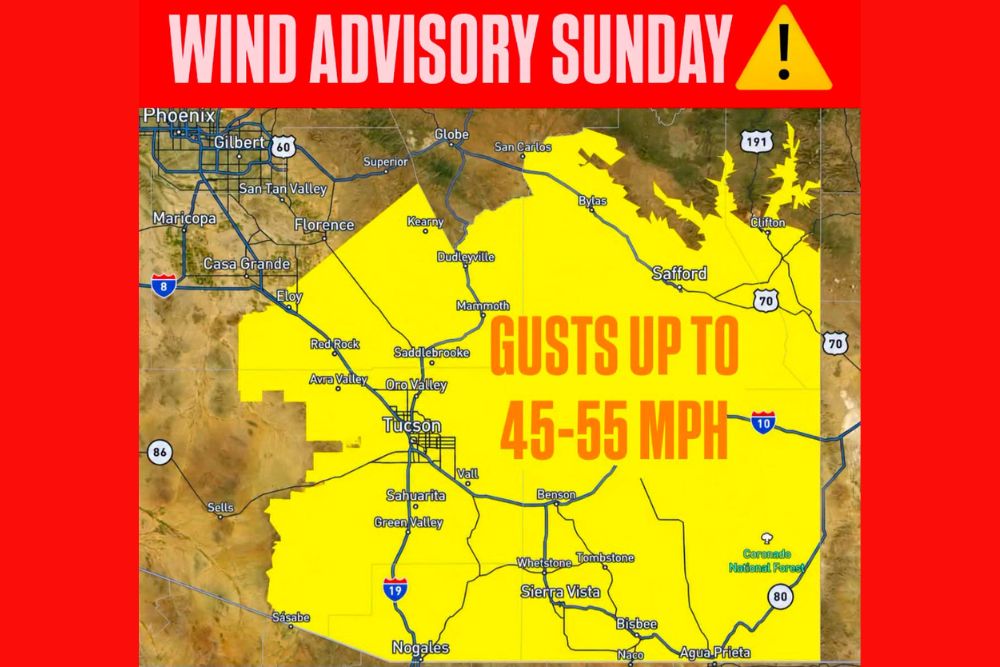 Wind Advisory Issued for Southeastern Arizona on Sunday as Strong East Winds Gust Up to 55 MPH From Tucson to Safford and the Mexico Border